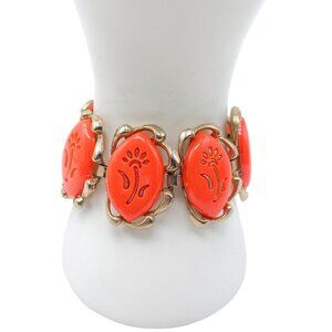 Orange Lucite Thermoset Flower Link Bangle Bracelet Gold Tone Vintage